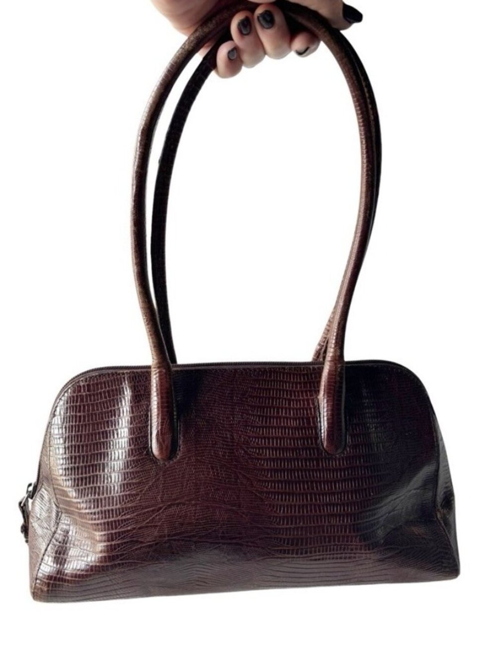 Vintage Furla Brown Croc Embossed Leather Shoulder Baguette Bag